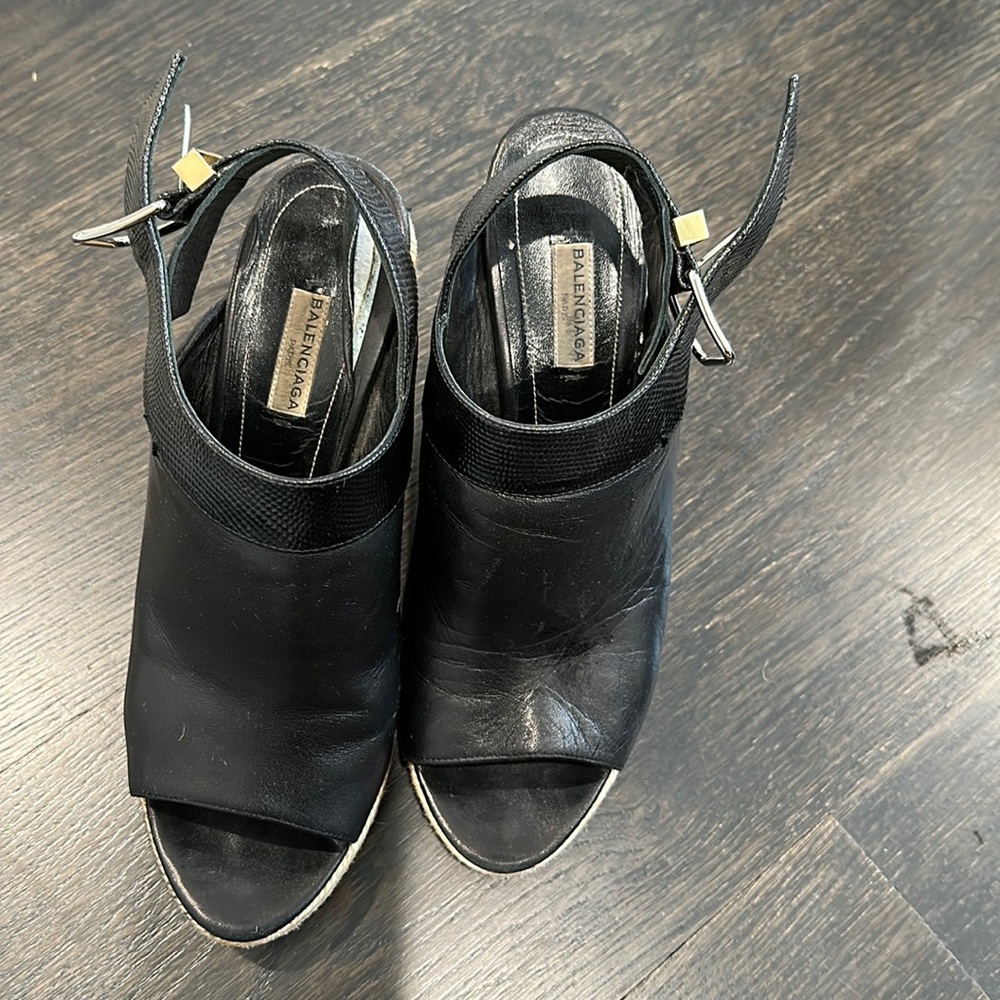 Balenciaga Leather Slingback Wedge Espadrilles